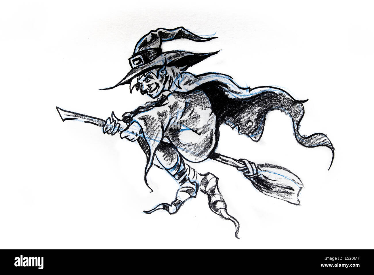 witch flying on a broom, sketch of tattoo Stock Photo