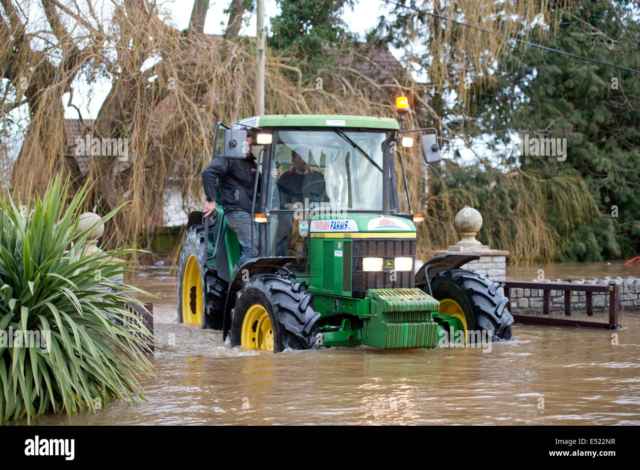 A tractor reaches a home swamped by floodwater in the village of Moorlands on the Somerset Levels UK Stock Photo
