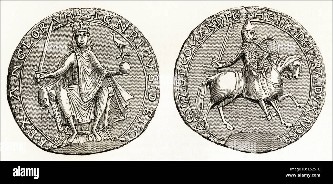 Great Seal of Henry II, 12th century King of England. Victorian woodcut engraving circa 1845 Stock Photo