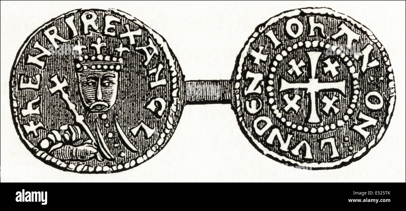 Silver Penny from reign of Henry II, King of England in the 12th century. Victorian woodcut engraving circa 1845. Stock Photo