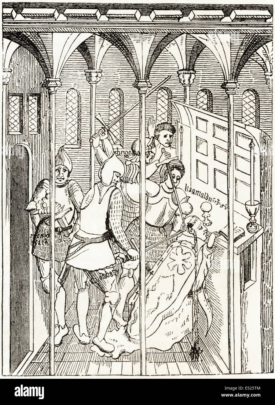 The Martyrdom of Thomas a Beckett, from an ancient painting in the Chapel of the Holy Cross, Stratford upon Avon. Victorian woodcut engraving circa 1845. Stock Photo