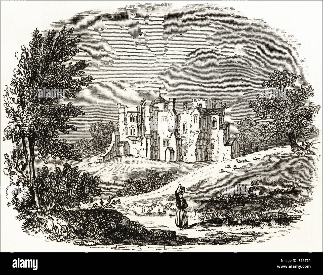 Woodstock Palace, Oxfordshire as it appeared before 1714, built in the 12th century and demolished in 1720. Victorian woodcut engraving circa 1845. Stock Photo