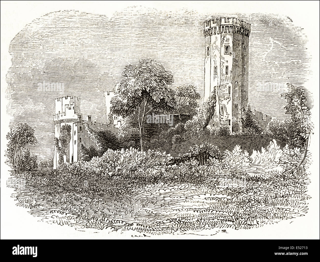 Guy's Tower at Warwick Castle built in 1068. Victorian woodcut engraving circa 1845. Stock Photo
