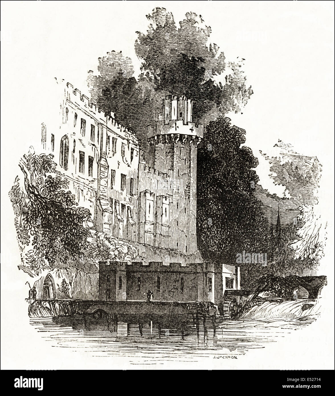 View over Castle Mill & River Avon of Warwick Castle built in 1068. Victorian woodcut engraving circa 1845. Stock Photo