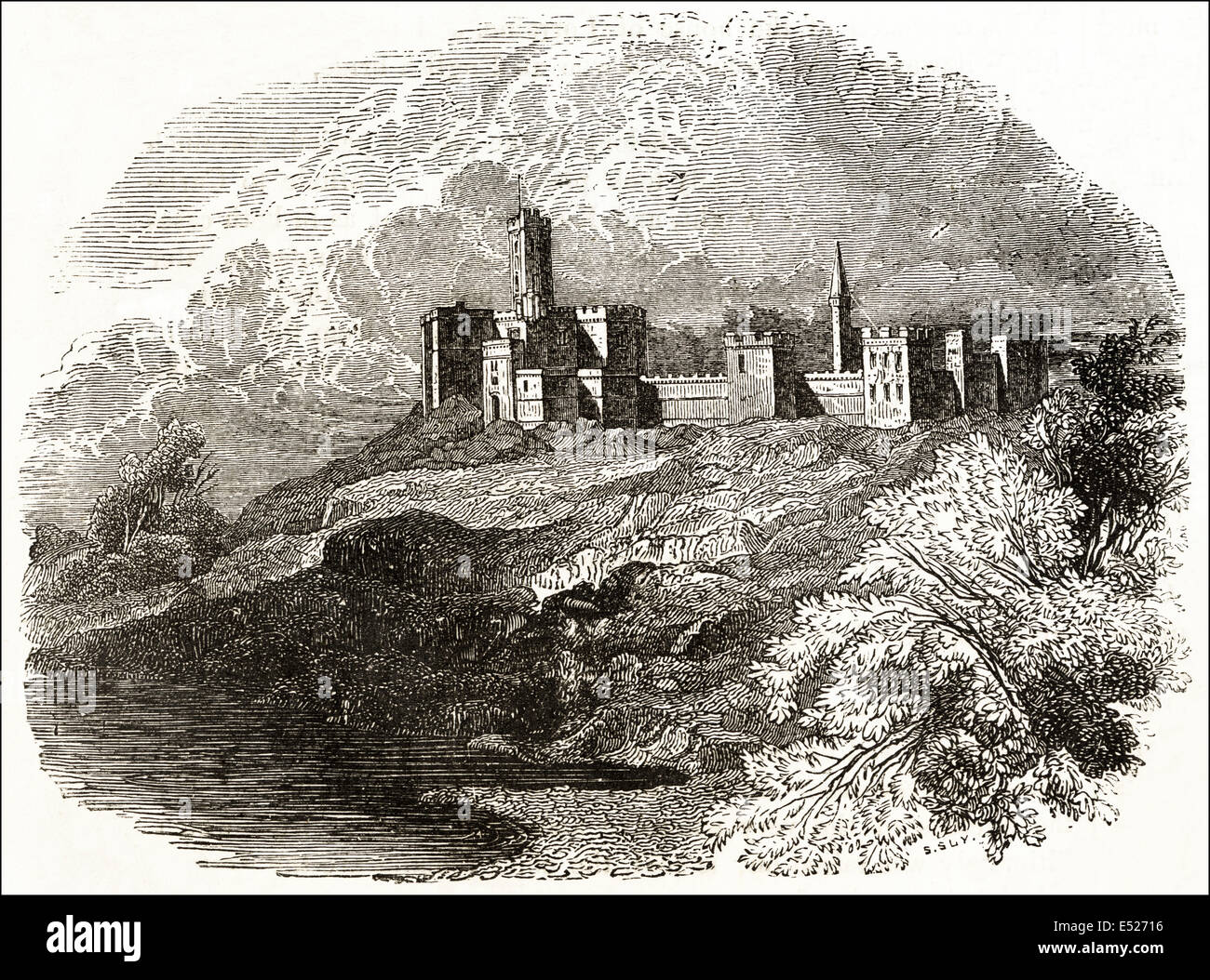 Warkworth Castle built in 12th century, Northumberland. Victorian woodcut engraving circa 1845. Stock Photo