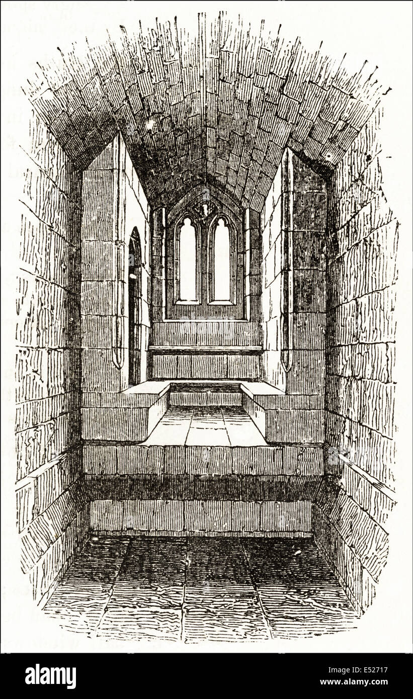 Interior of room at Warkworth Castle built in 12th century, Northumberland. Victorian woodcut engraving circa 1845. Stock Photo