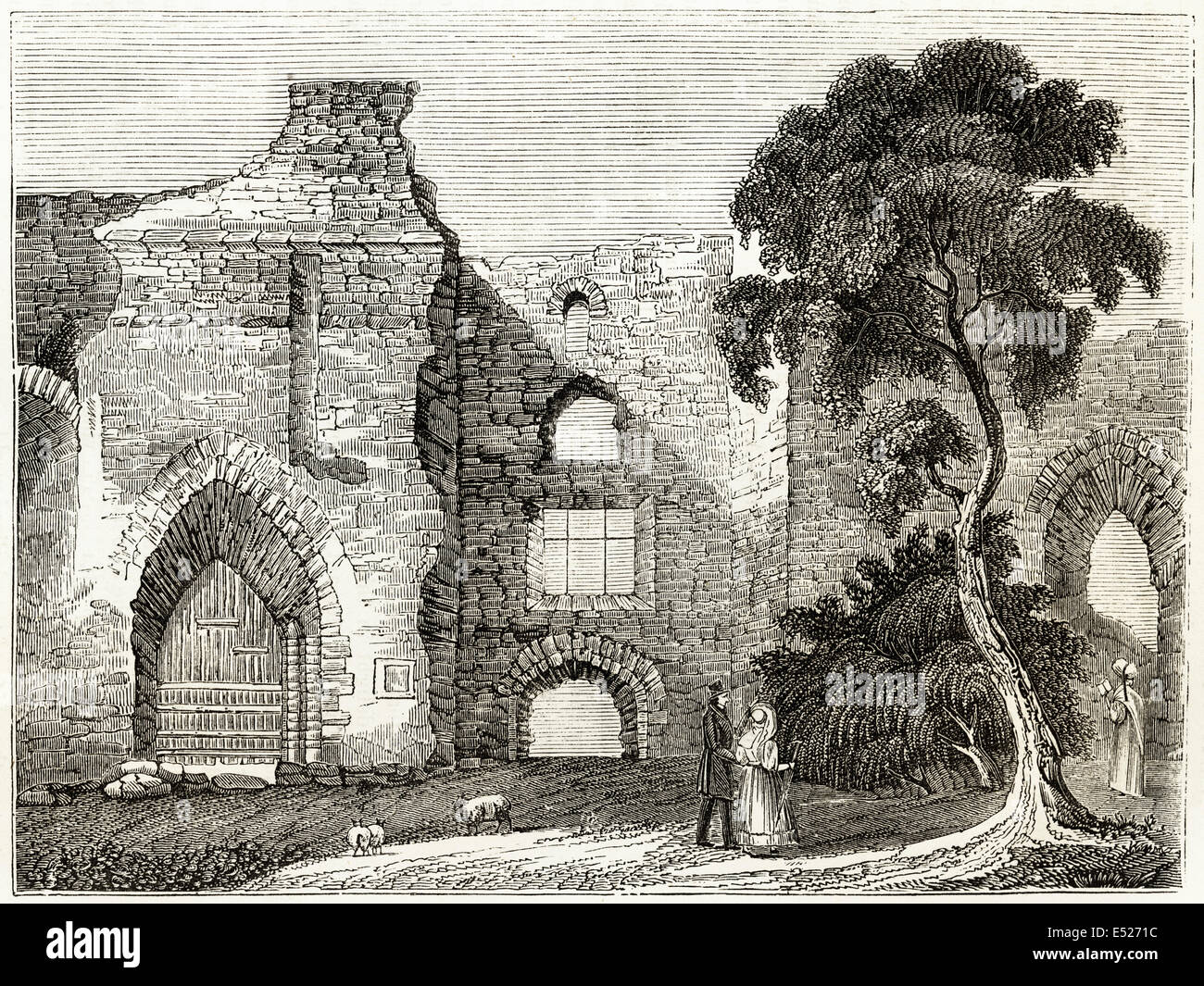 Interior view of Newark Castle built in 12th century, Nottinghamshire. Victorian woodcut engraving circa 1845. Stock Photo