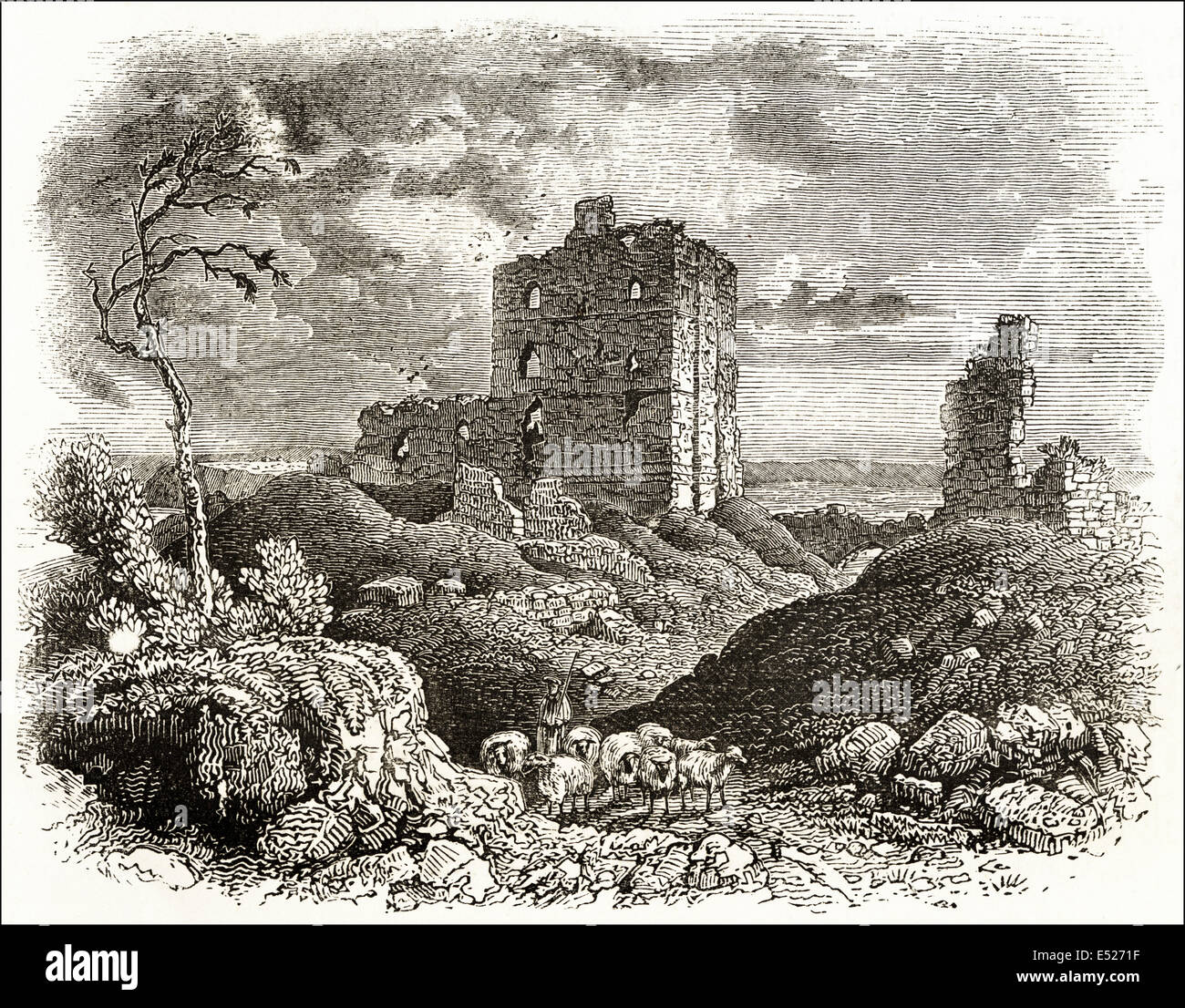 Norham Castle built in 12th century, Northumberland. Victorian woodcut engraving circa 1845. Stock Photo