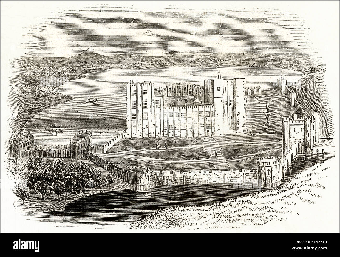 Kenilworth Castle dating from the 12th century, Warwickshire pictured in 1620. Victorian woodcut engraving circa 1845. Stock Photo