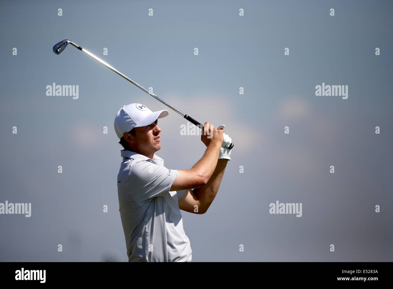 Jordan Spieth (USA), JULY 17 2014 - Golf : Jordan Spieth of the United States in action on the 9th hole during the first round of the 143rd British Open Championship at Royal Liverpool Golf Club in Hoylake, England. (Photo by Koji Aoki/AFLO SPORT) Stock Photo