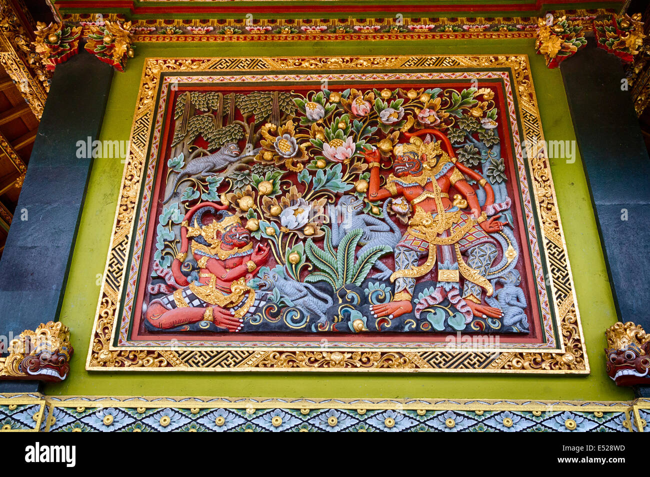 Jatiluwih, Bali, Indonesia.  Scene from Hindu Mythology Decorating Temple Wall, Luhur Bhujangga Waisnawa Hindu Temple. Stock Photo