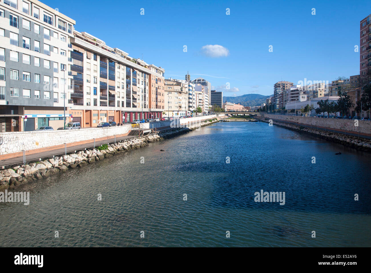 Straightened walled canalised channel of Rio Guadalmedina river, Malaga city centre, Spain Stock Photo