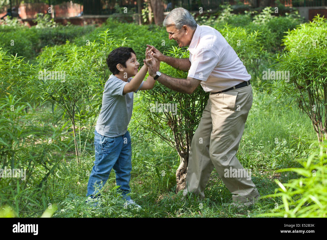 Grandfather and grandson playing in a park Stock Photo