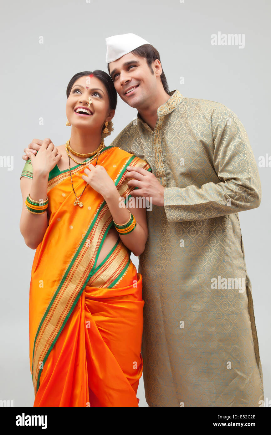 Maharashtrian couple looking at something Stock Photo