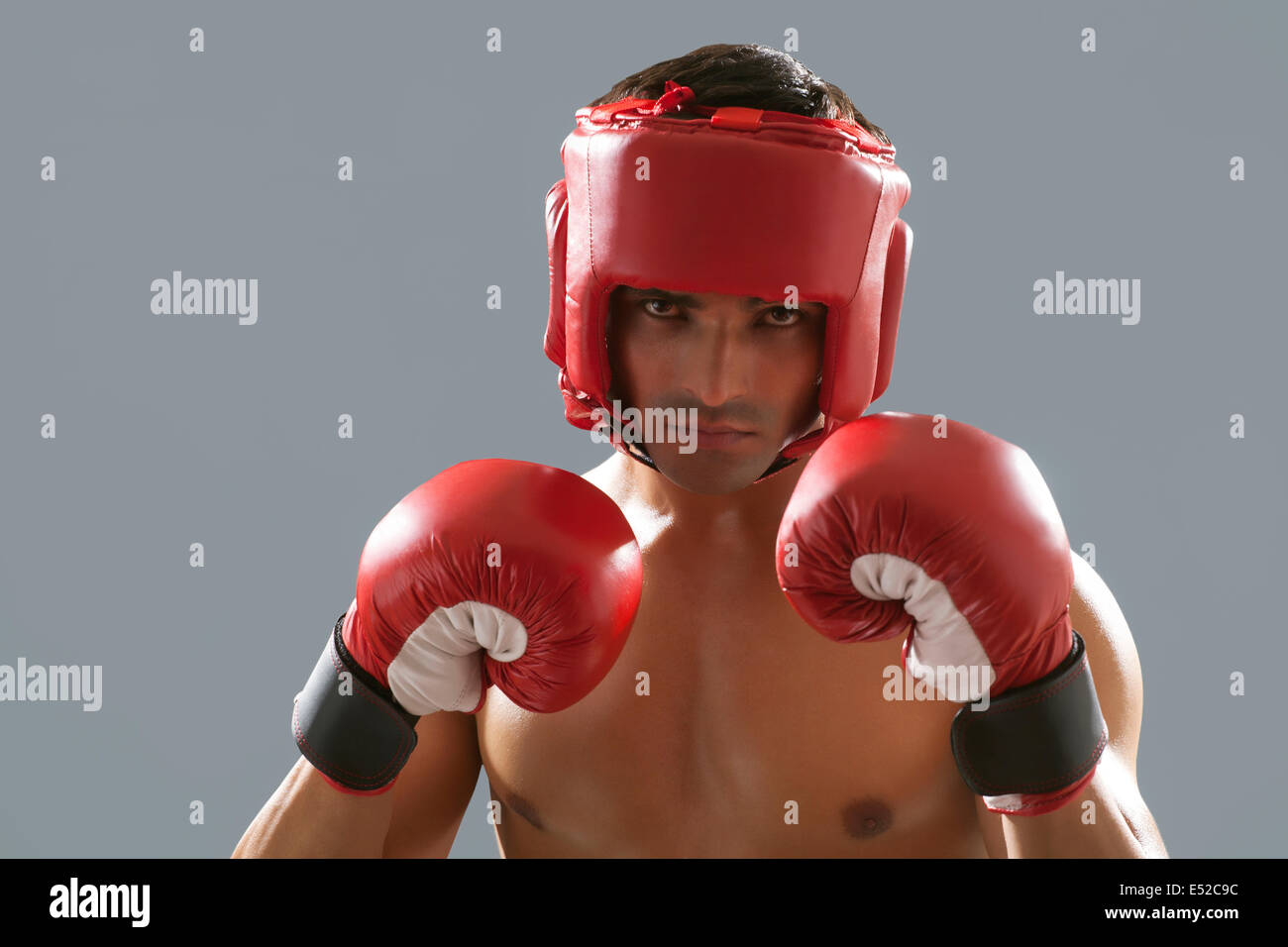 Portrait of Indian male boxer wearing gloves and head protector isolated over gray background Stock Photo