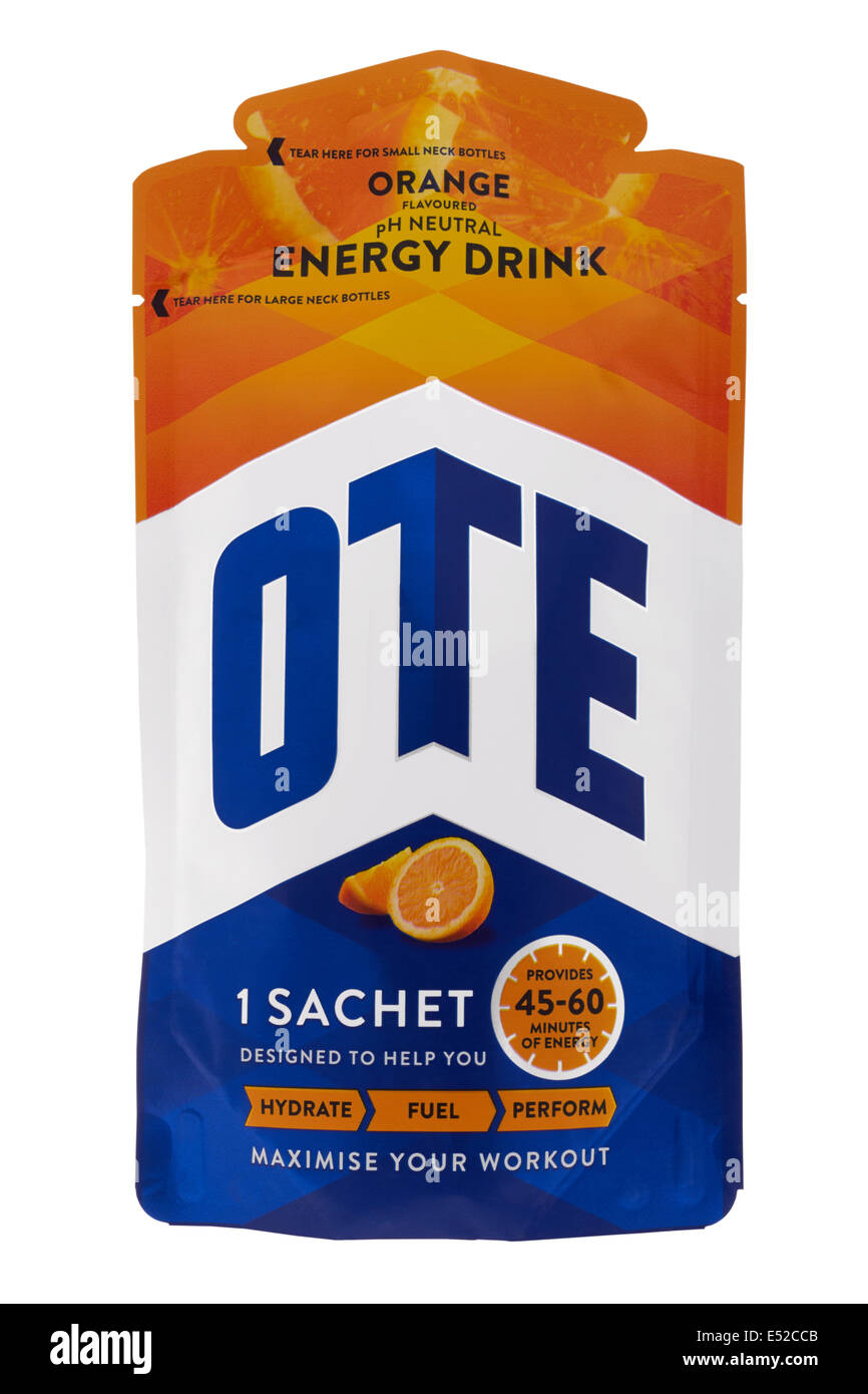 Sachet of OTE energy drink powder on white background Stock Photo Alamy