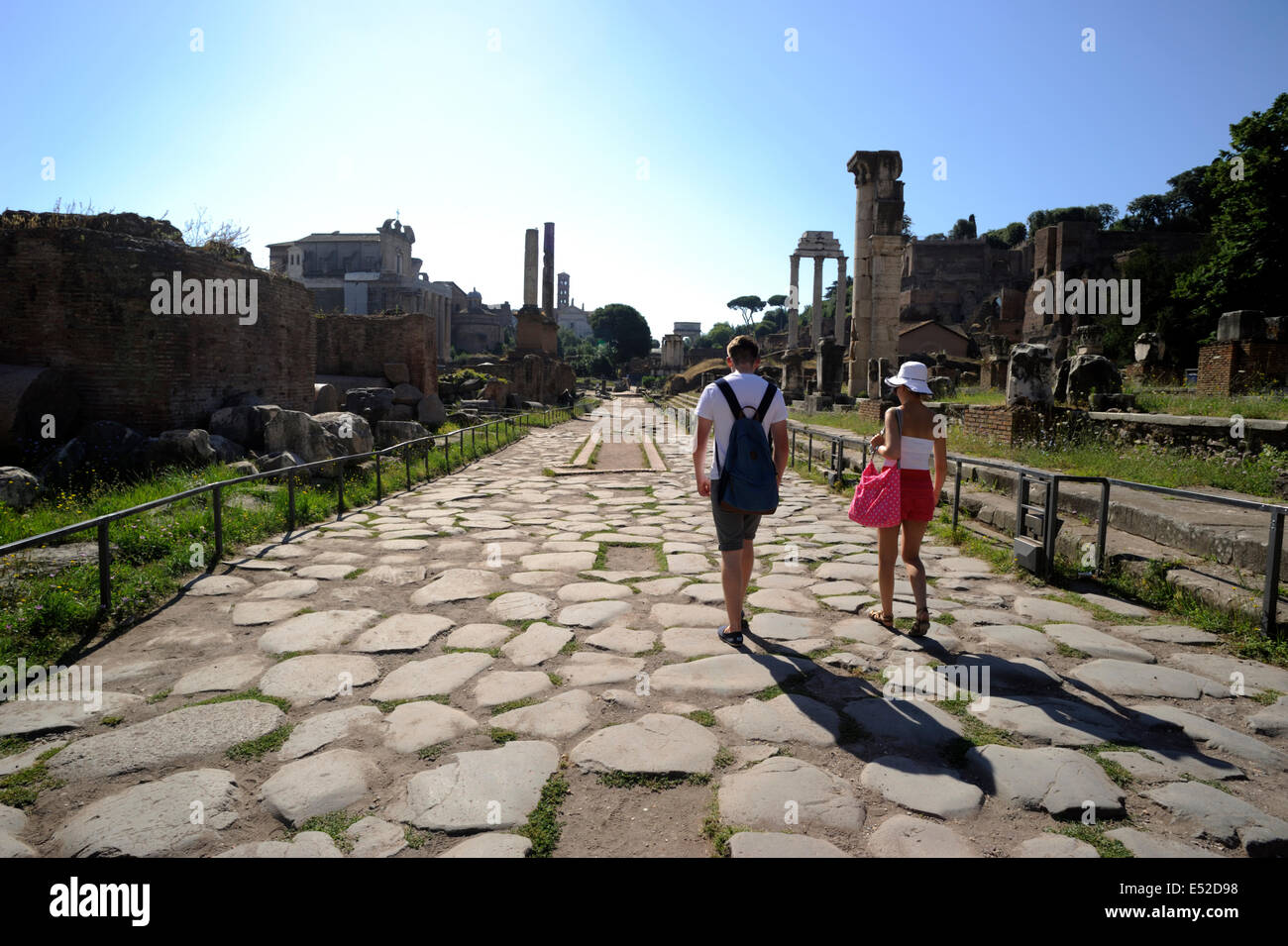 Italy, Rome, Roman Forum, tourists walking along the Via Sacra (sacred street) Stock Photo