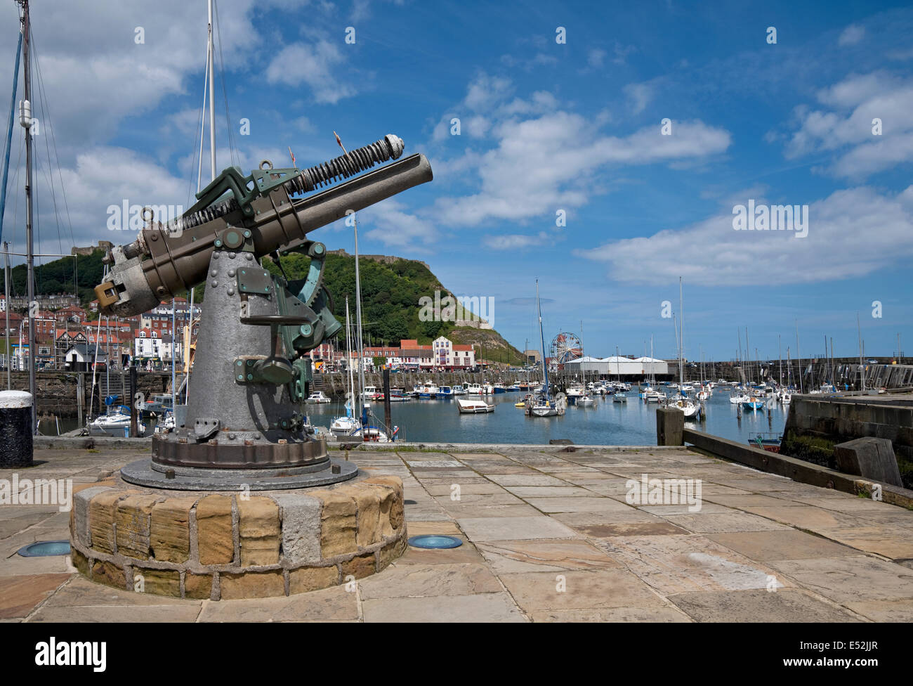 Vickers 14 pounder gun at the entrance to Scarborough Marina seafront in summer North Yorkshire England UK United Kingdom GB Great Britain Stock Photo