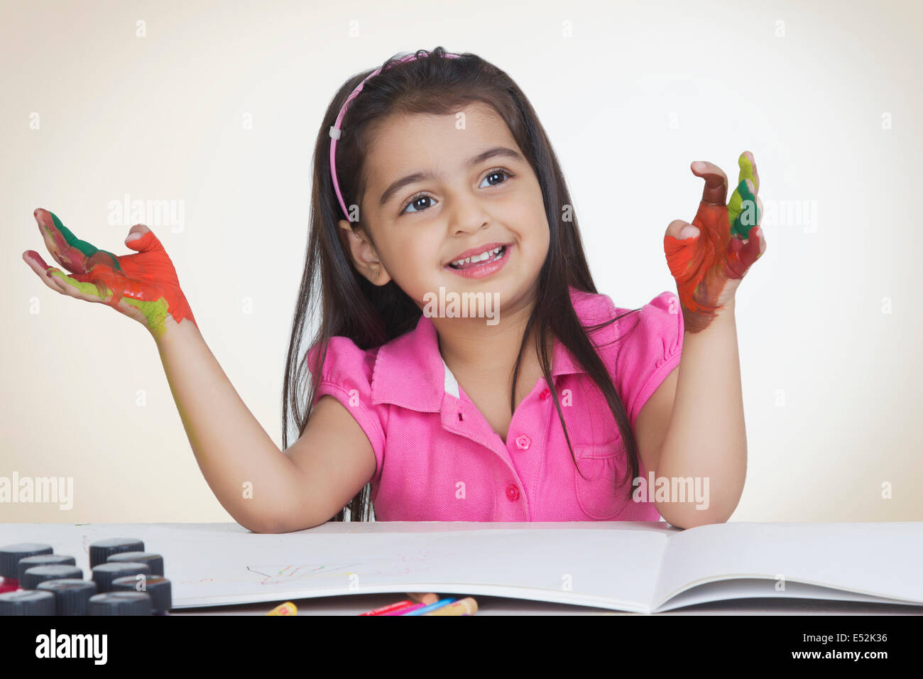 8-year-old girl, hands up showing her palms Stock Photo - Alamy