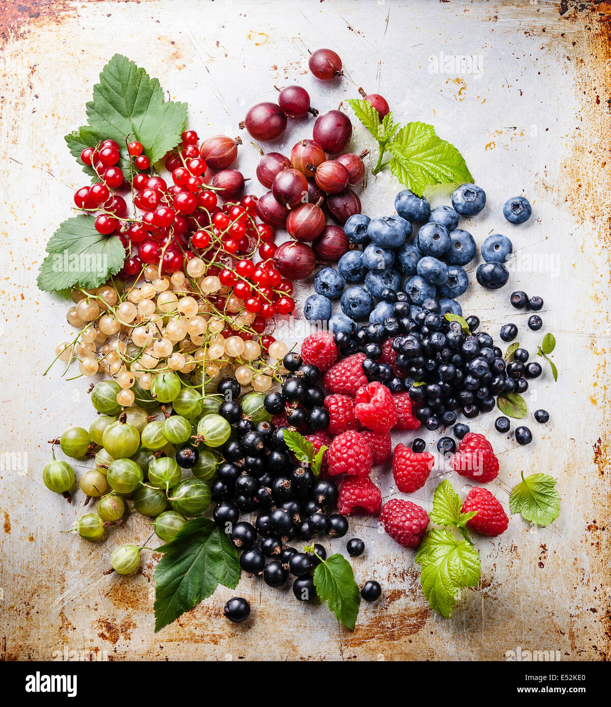Mix of fresh berries with leaves on textured metal background Stock Photo