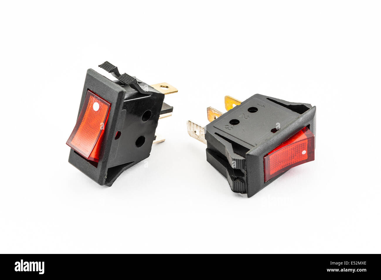 Red Rocker Switches with Light. Stock Photo