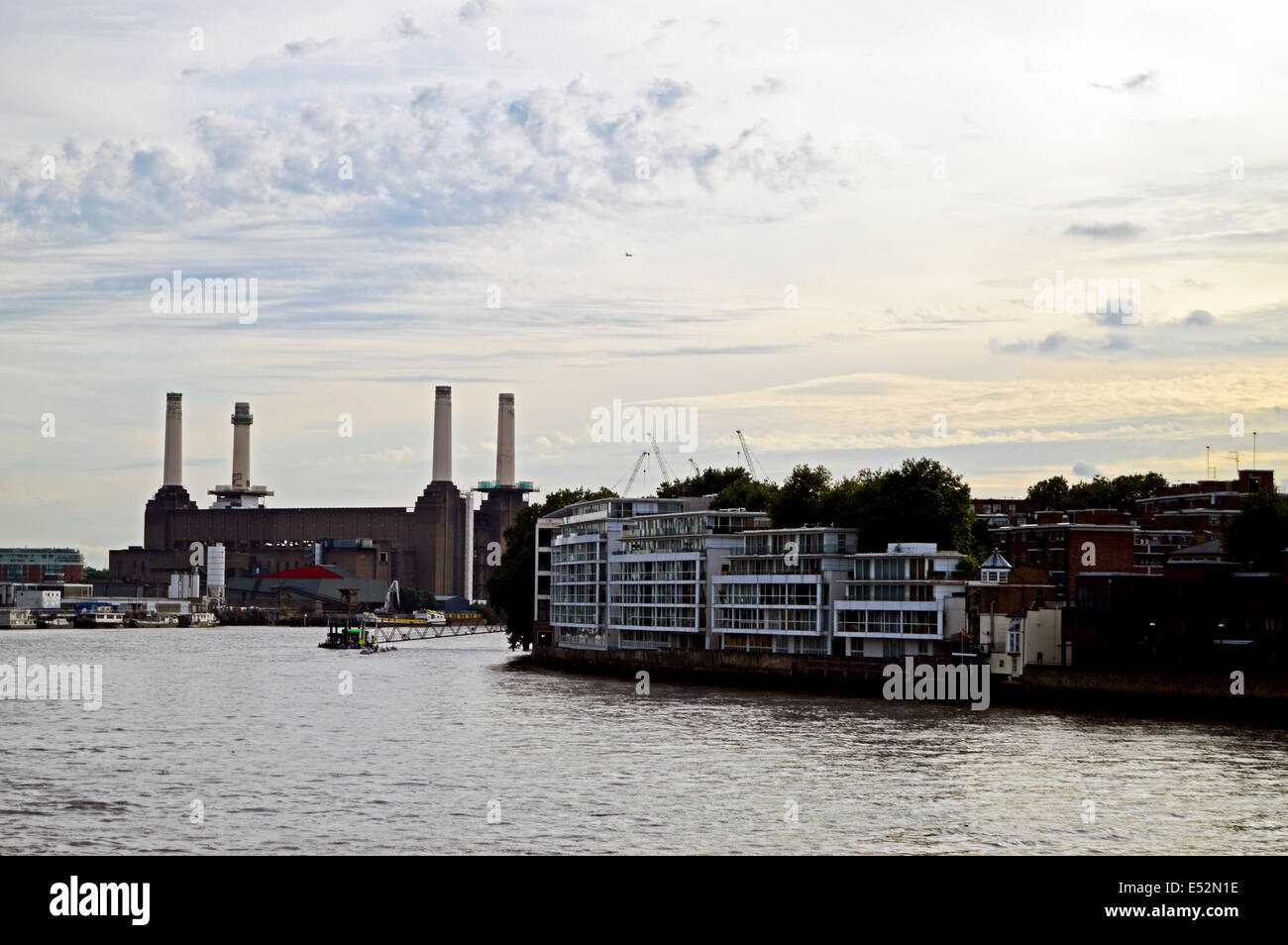 View of the River Thames and Battersea Power Station in distance, London, England, United Kingdom Stock Photo