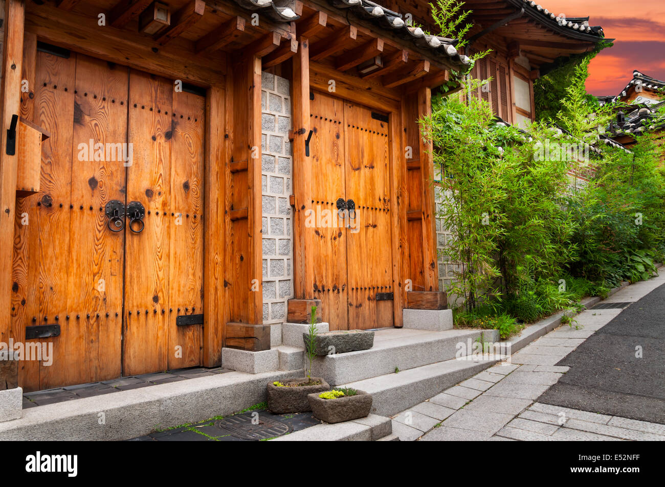 Traditional Korean architecture in Bukchon Hanok Village in Seoul, South Korea. Stock Photo