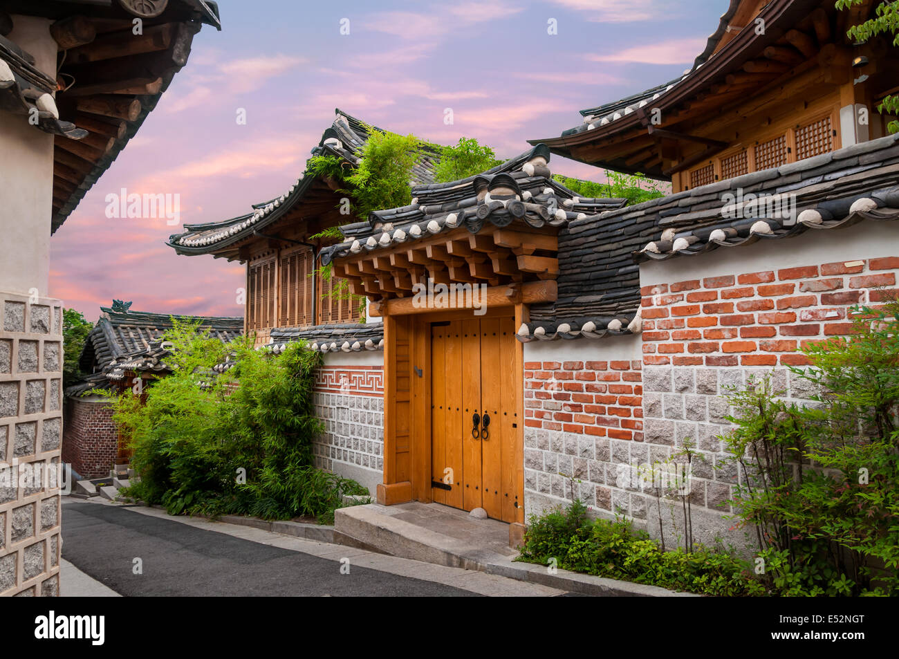 Traditional Korean architecture in Bukchon Hanok Village in Seoul, South Korea. Stock Photo