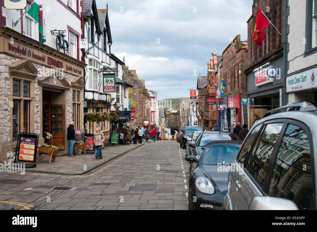 The main shopping street in Conwy, North Wales UK Stock Photo
