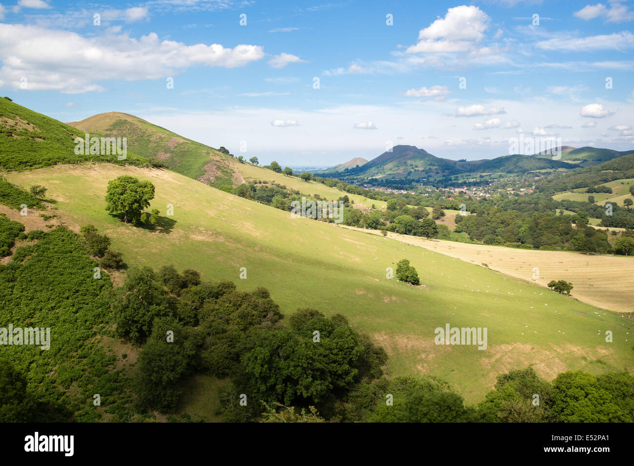 Hills of the Long Mynd in Shropshire UK looking towards Church Stretton and the Stretton Hills Stock Photo