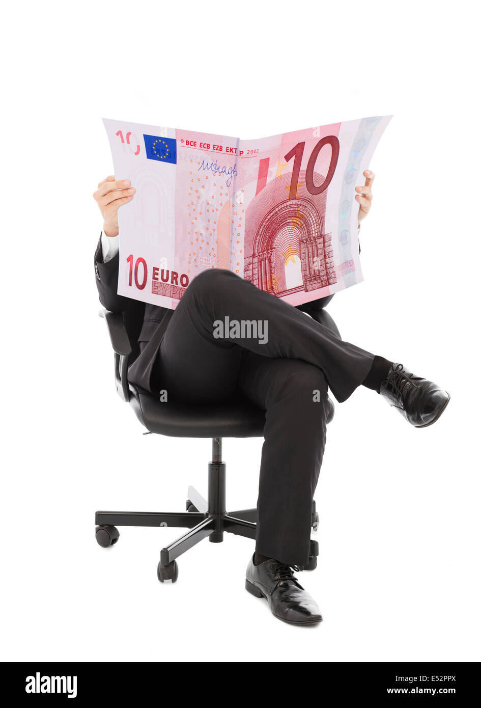 Business man sitting on a chair with euro currency in hands Stock Photo