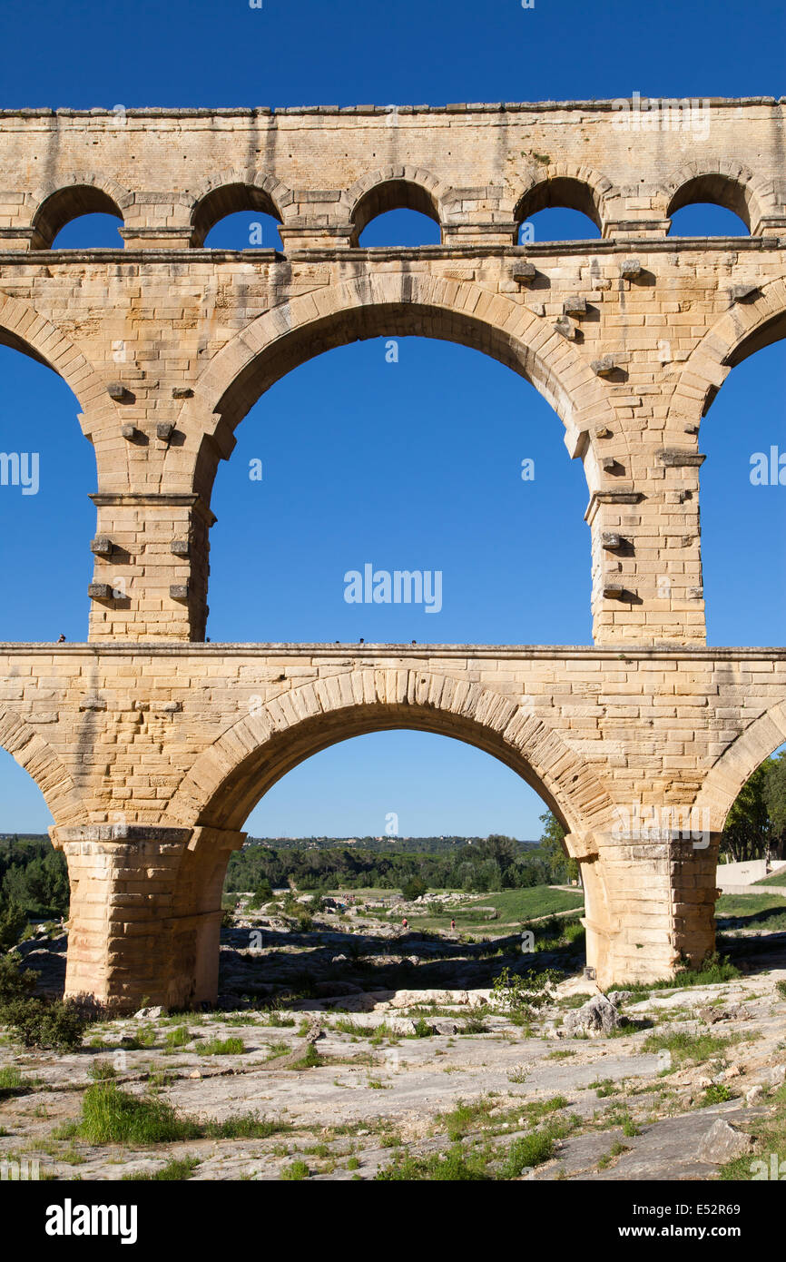 Arch Bridge of Pont du Gard, part of the ancient aqueduct of Nimes, France. Stock Photo