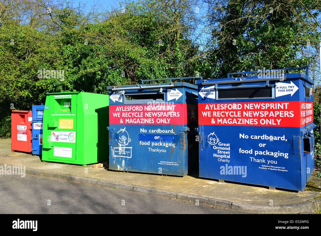 Recycling bins in car park, High Street, Chobham, Surrey, England