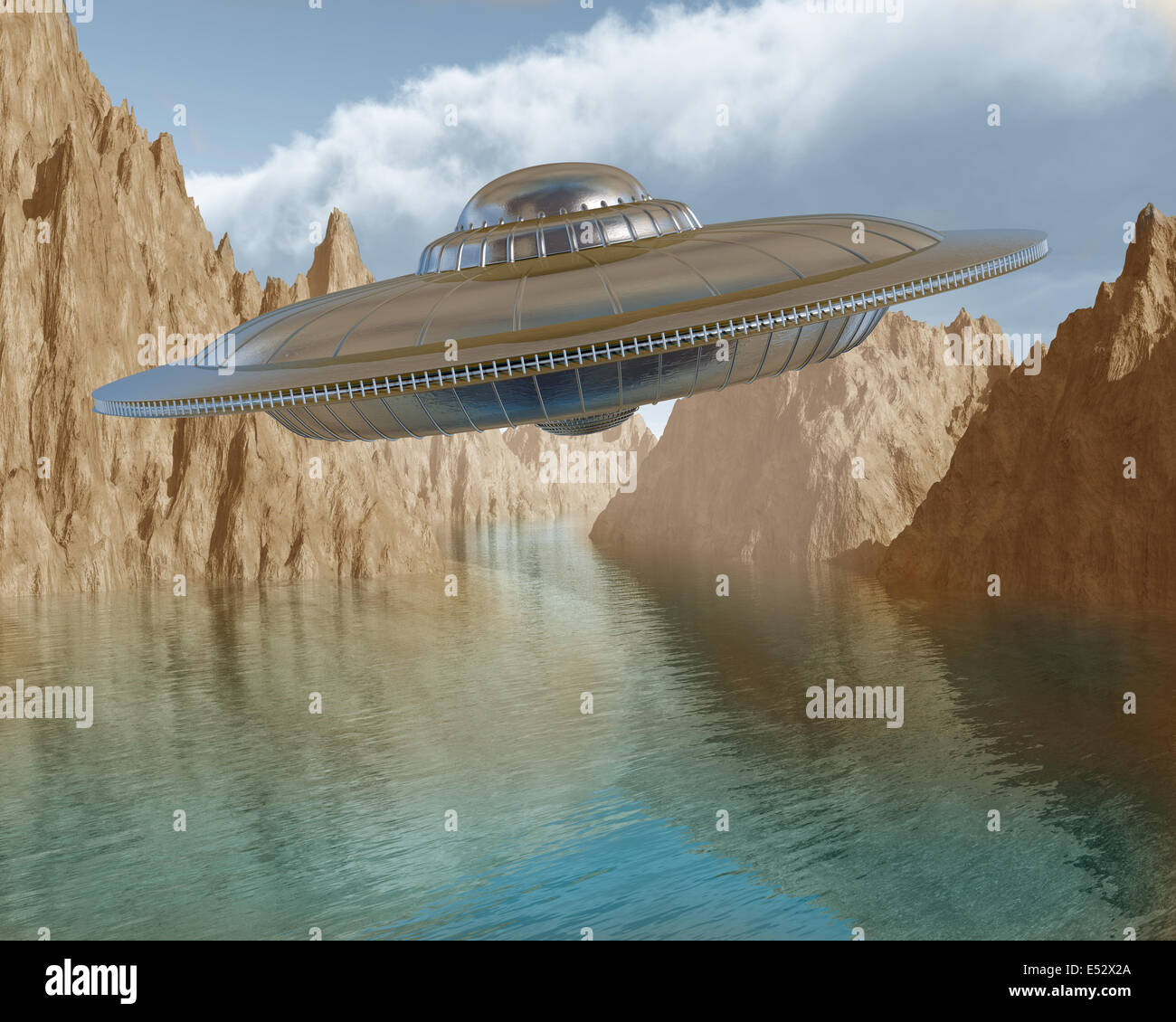 Illustration of a flying saucer hovering in the sky Stock Photo