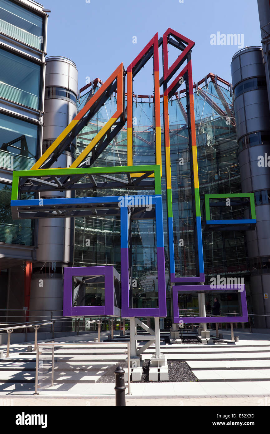 The Giant Channel 4 logo outside the company's  headquarters building on Horseferry Road, Victoria, London. Stock Photo