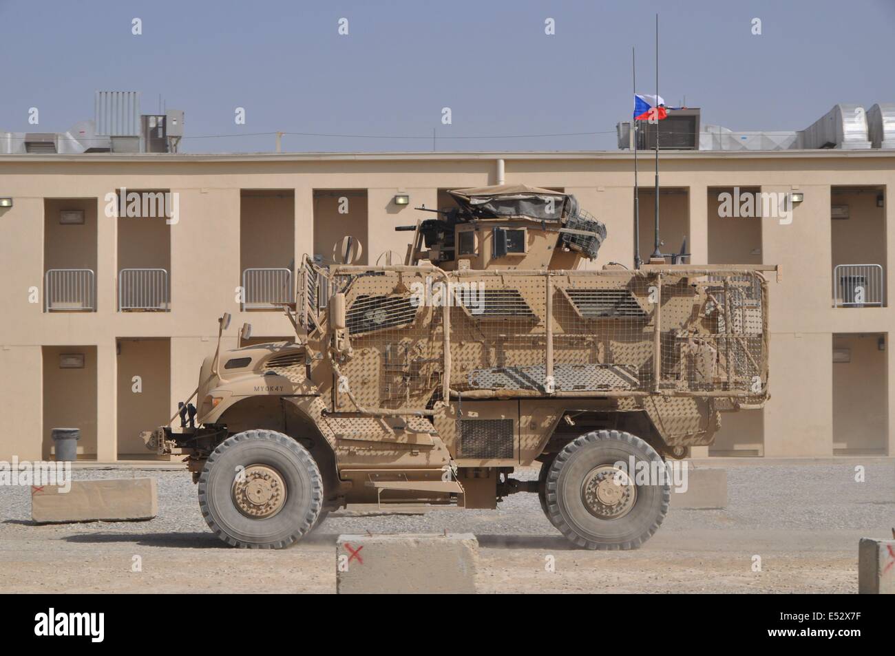 Mine Resistant Ambush Protected vehicle is seen at the Bagram military base in Afghanistan, July 17, 2014, where served five of Czech soldiers who were among the 16 people killed on July 8 after a suicide bomber struck Afghan and foreign forces in the eastern province of Parwan. (CTK Photo/Karel Capek) Stock Photo