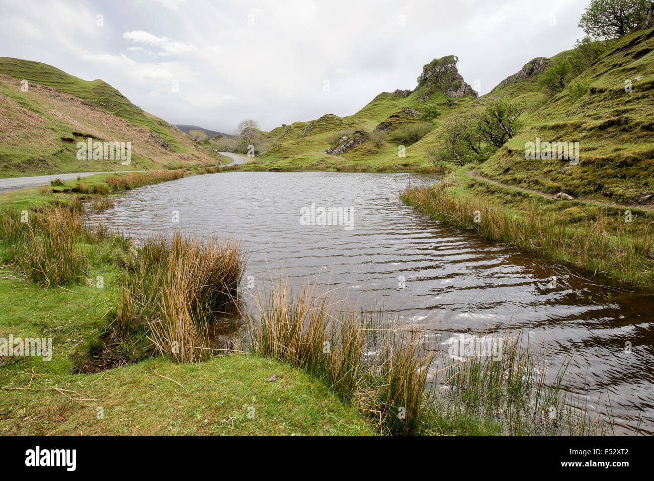 Pool by Castle rock in unusual landscape of Fairy Glen, Uig, Isle of Skye, Scotland, UK, Britain Stock Photo