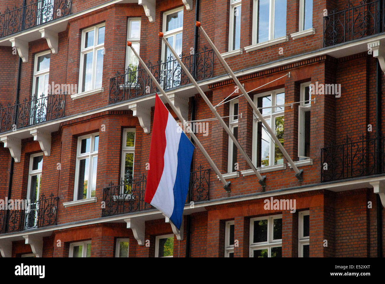 London, UK. 18 July, 2014. Flag flies at halfmast at Dutch Embassy