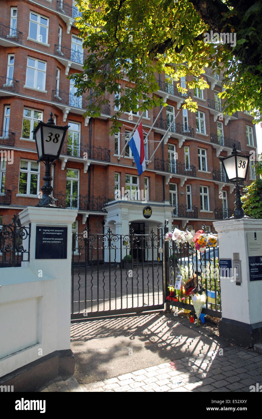London, UK. 18 July, 2014. Flag flies at halfmast at Dutch Embassy