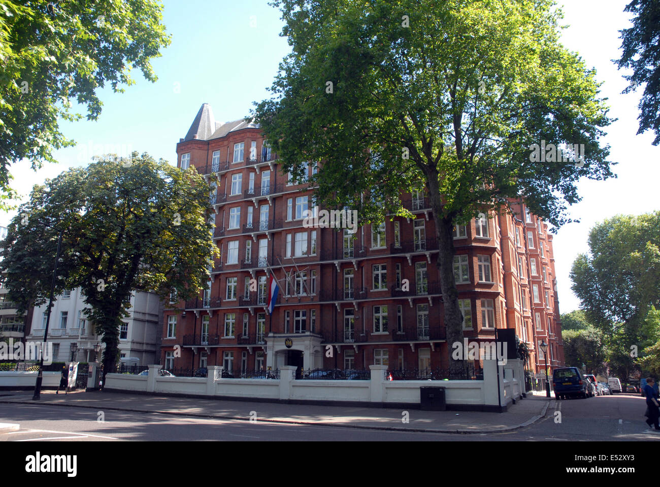 London, UK. 18 July, 2014. Flag flies at halfmast at Dutch Embassy