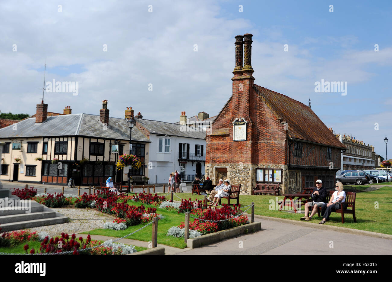 Views around the Suffolk seaside town of Aldeburgh Moot Hall the war memorial and model boating lake or pond Stock Photo