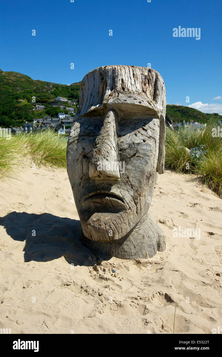 Carved Head on the Ynys-y-Brawd Dunes Barmouth Gwynedd Wales UK Stock Photo