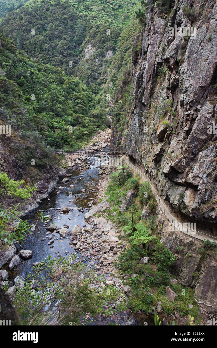 Suspension bridge spanning over the gorge Stock Photo