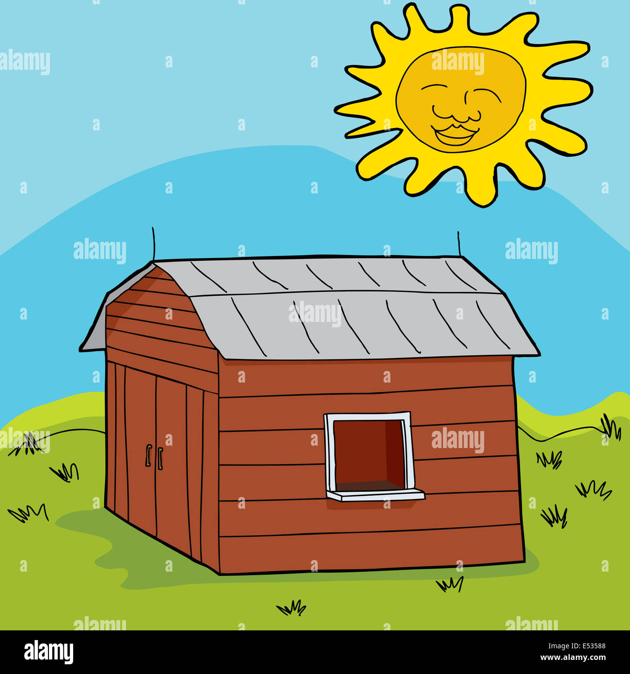 Smiling sun over barn with open window and counter Stock Photo - Alamy