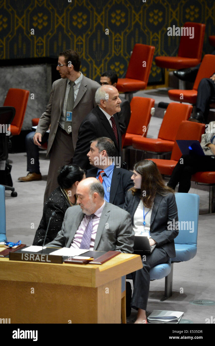 Un Palestinian Representative New York, UN headquarters in New York. 18th July, 2014. Riyad Mansour(C ...