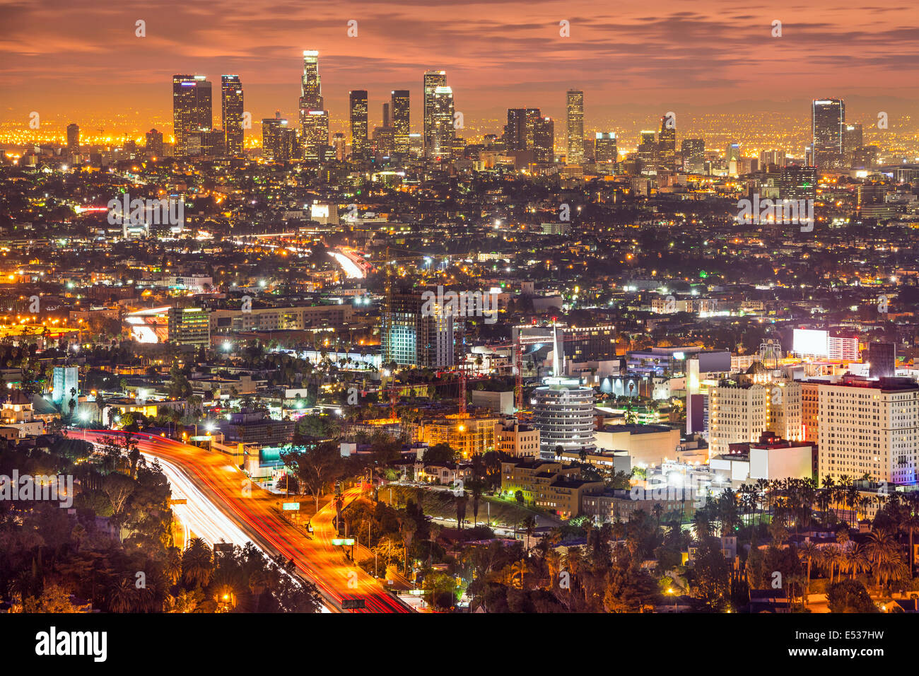 Los Angeles, California, USA downtown skyline at night. Stock Photo