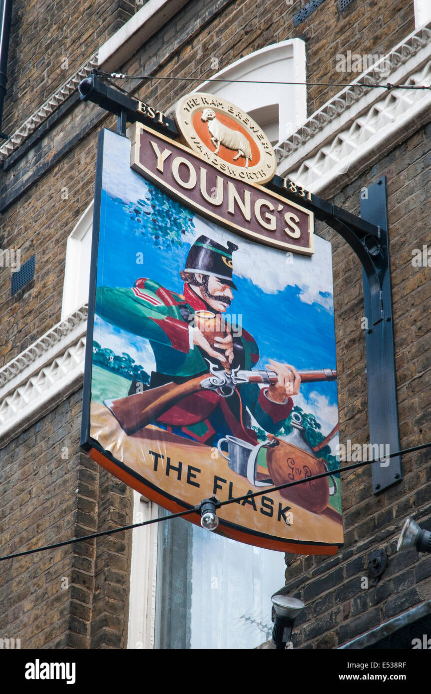 Sign at an historic pub, The Flask, in Flask Walk, Hampstead, London