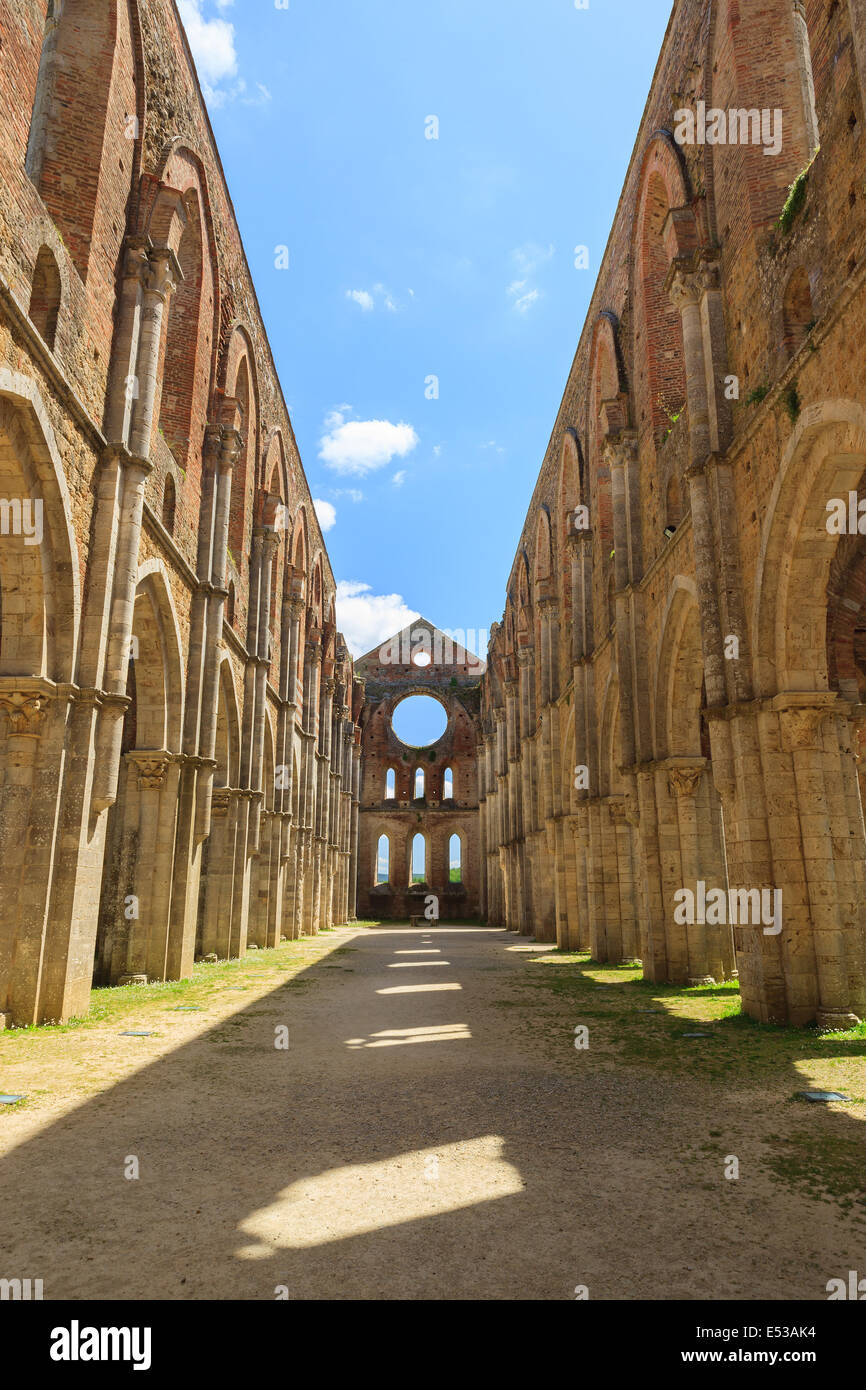 The monumental complex of Saint Galgano rises approximately 30 km to the West of Siena, to the border with the province of Gross Stock Photo