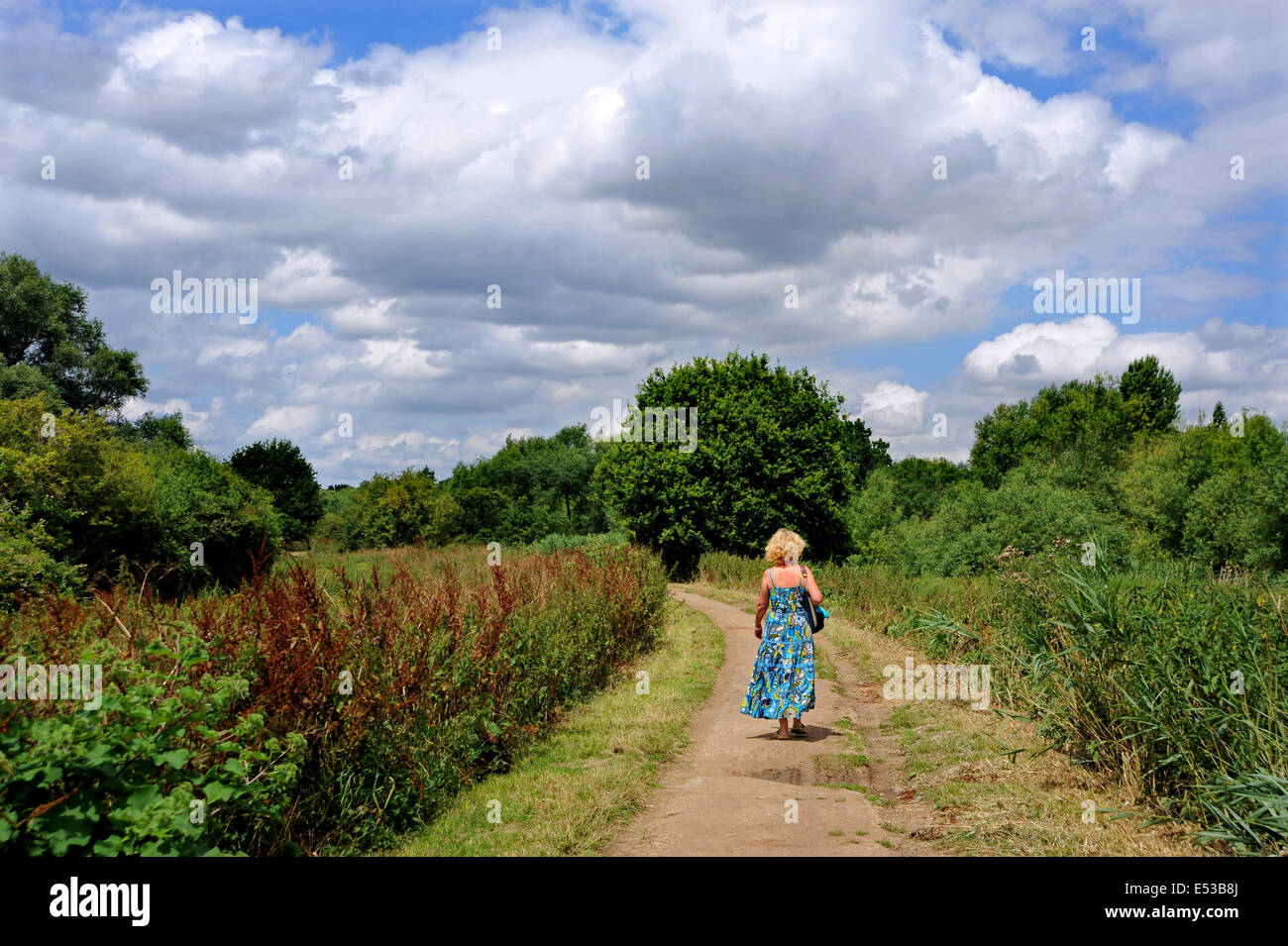 Views around the Flatford Mill area which were made famous by the paintings of John Constable - Woman walking down country path Stock Photo