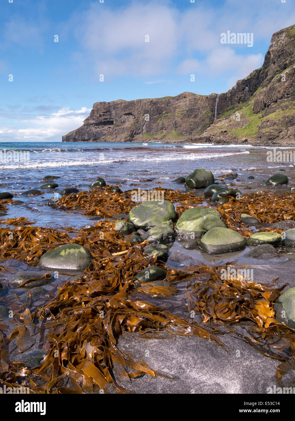Seaweed, sand and pebbles on beach at Talisker Bay, Isle of Skye, Scotland, UK Stock Photo